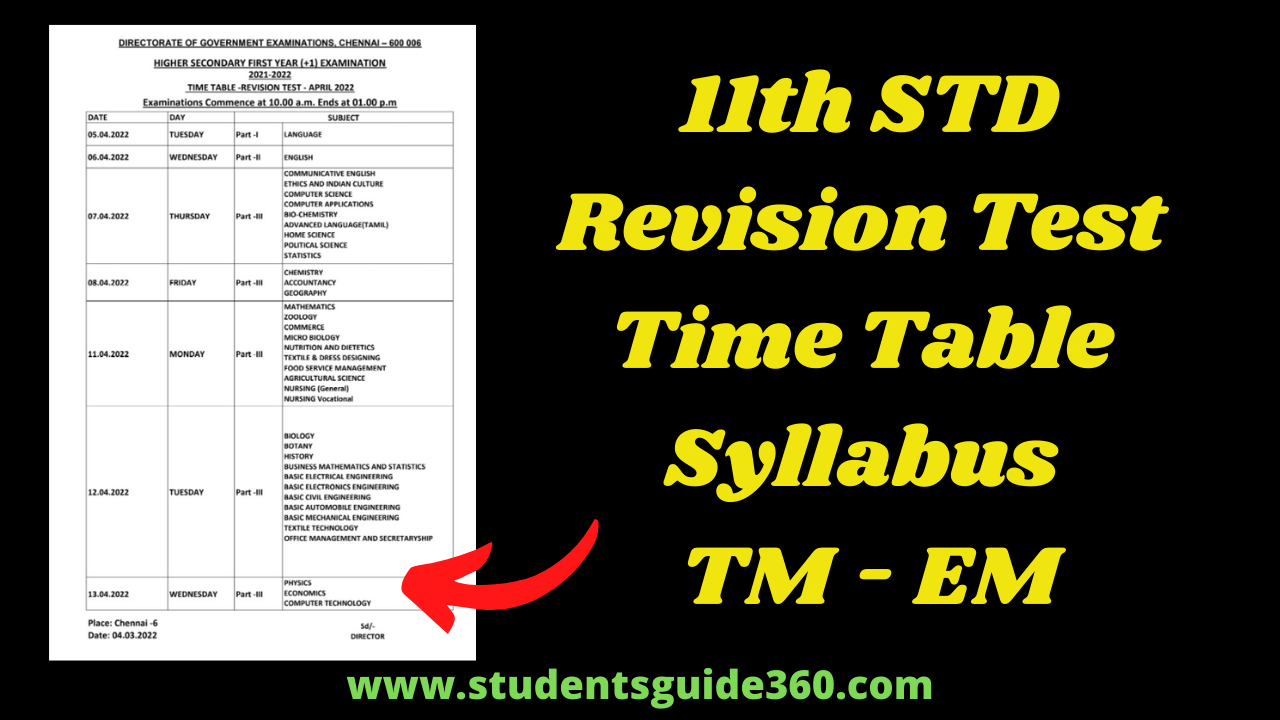 11th Revision Test Time Table and Syllabus